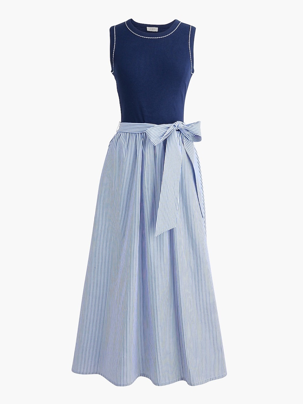 J. Crew Tie Waist Mixed Media Midi Dress Large Sleeveless Striped Skirt Blue